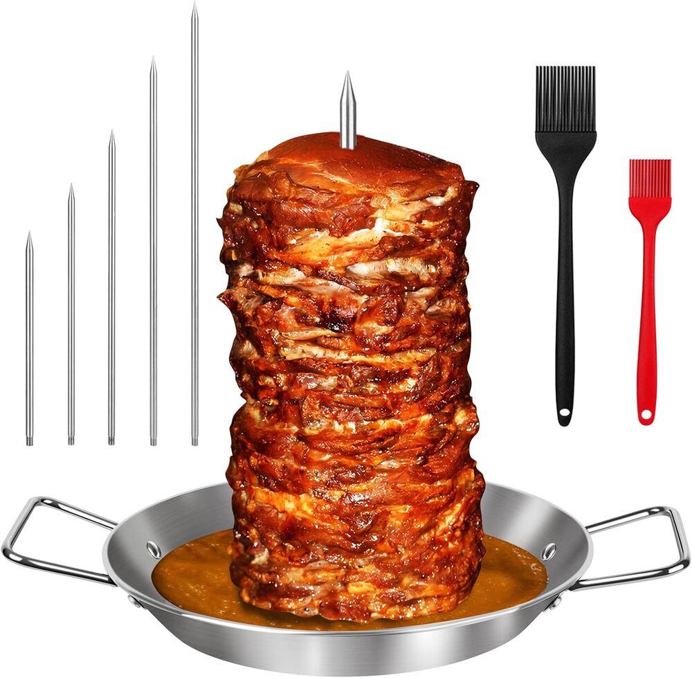 Grill Skewer, XL 13 Inch Pan, Fat Separator, Spit Stand, 5 Spikes & 2 Brushes